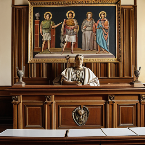 Home 11 Ancient San Marino courtroom with "Statuti Albertini" on a table, showcasing Roman law influence.