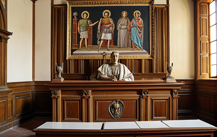 Ancient San Marino courtroom with "Statuti Albertini" on a table, showcasing Roman law influence.