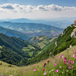 Hiking in the Apennine Mountains, panoramic view from Monte Titano, wildflowers, San Marino.