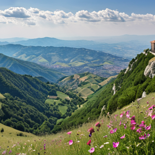 Home 6 Hiking in the Apennine Mountains, panoramic view from Monte Titano, wildflowers, San Marino.