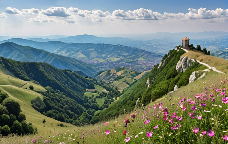 Hiking in the Apennine Mountains, panoramic view from Monte Titano, wildflowers, San Marino.